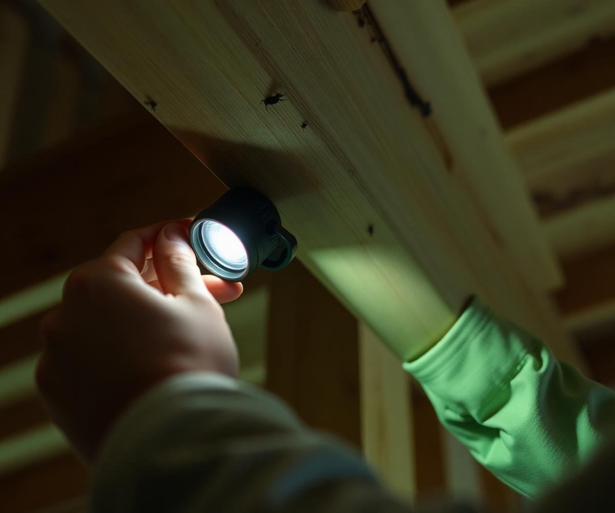 Technician inspecting timber beams with a torch during a termite inspection